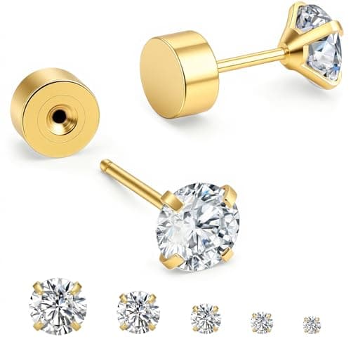 MHWTTY Hypoallergenic Threadless Flat Back Earrings,1 Pairs Cartilage Stud for Women Men Titanium Post 20G None Screw Easy Push in Gold Black Stainless Steel Flatback with CZ 3-7mm (Gold, 4mm)