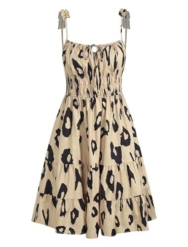 ZAFUL Womens Summer Mini Dress 2025 Spaghetti Strap Square Neck Sleeveless Smocked Tiered Cute Floral Flowy Sundresses, Leopard, Small - Image 1