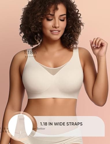 Easybunny Wireless Bras for Women Seamless Supportive V Mesh Bralette Minimizers Comfortable Tshirt Bra for Older Women Beige 3XL - Thumbnail 3