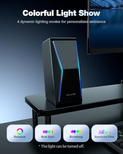Nylavee Computer Speakers, Hi-Fi Stereo Sound PC Speakers with Bluetooth 5.0 and 3.5mm AUX-in, 14W AC Powered, Built-in Equalizer Modes and RGB Lights for Desktop PC, Monitor, Laptop, PS5, Xbox - Thumbnail 6