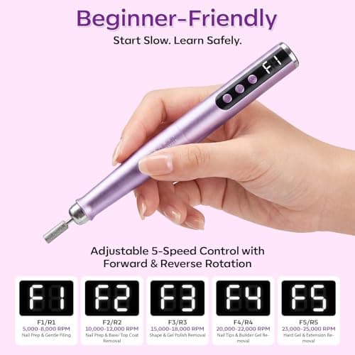 Makartt Pen-Shaped Rechargeable Nail Drill for Beginners: 25,000 RPM Cordless Electric Nail File with 5-Speed LED Display, Lightweight Quiet E File Kit for Gel Polish Removal, Home Travel Use(Purple) - Thumbnail 2