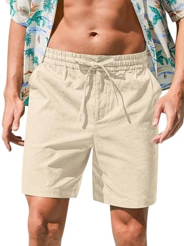 RQP Men's Linen Shorts Casual Elastic Waist Drawstring Summer Beach Shorts,Beige - Image 1
