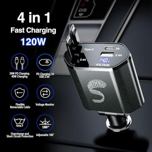 Retractable Car Charger USB C Fast Charging 120W, Car Accessories Cigarette Lighter Adapter Car iPhone17 16 15 14 13, Galaxy S26, Pixel Charger Travel Essentials Gift for Travelers, Men, Women - Thumbnail 3