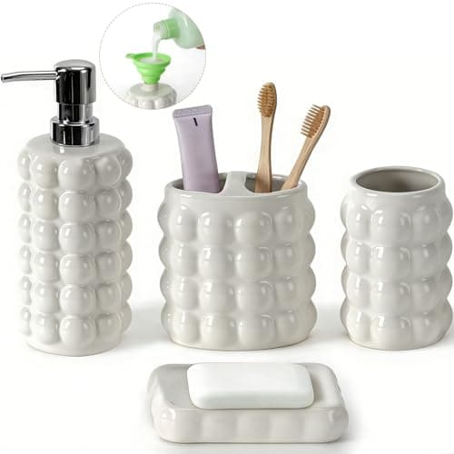 4 Piece Ceramic Bathroom Accessories Set –Soap Dispenser,Toothbrush Holder,Tumbler & Soap Dish,Includes Silicone Funnel,Non-Slip,Modern Farmhouse Countertop Organizer Set for Bathroom Decor, White