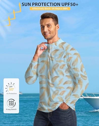 Pudolla Sun Protection Shirts Men Workout Shirts for Men Runnig Shirts Men Summer Fishing Shirts Men(Green Palm L) - Thumbnail 2