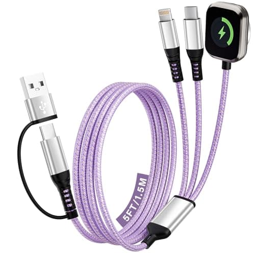 Travel Essentials, 3 in 2 USB A/C Cable to iPhone 17 Charger/iWatch Charger/IP, Braided Multi Charging Cable Cord, RV Camping Essentials, Designed for iWatch Series & iPhone17-11/iPad [Purple, 5FT] - Image 1