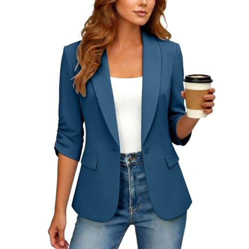 Summer Blazers for Women Lightweight 3/4 Sleeve Business Casual Blazers 2026 Trendy Open Front Work Office Suit Jackets Blazer Blue L - Thumbnail 2