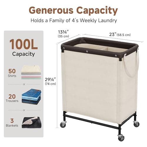 StorageWorks 2 Section Laundry Hamper, Rolling Laundry Cart with Wheels and Handles, Laundry Room Double Sorter for Organizer and Storage, 26.4 Gal(100L), Beige - Thumbnail 2