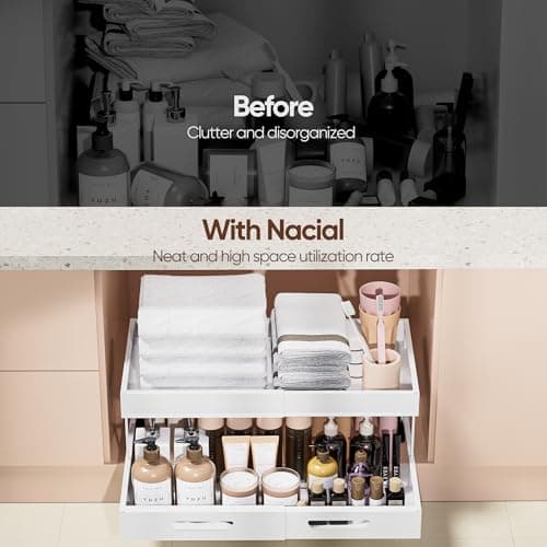 Nacial 2 Tier Pull Out Cabinet Organizer, Expandable(12.3"-20.7" W) Slide Out Cabinet Drawer with Adhesive Nano Film, Adjustable Heavy Duty Roll Out Shelves for Kitchen Pantry Bathroom Storage, White - Thumbnail 3