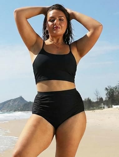 Arolina Black High Waisted Bikini Bottoms Plus Size Tummy Control Bathing Suit Bottoms Ruched Full Coverage Retro Bikini Shorts - Thumbnail 4