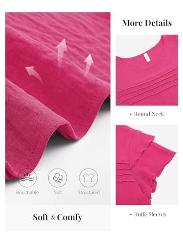 Funlingo Womens Dressy Casual Tops Summer Business Work Blouses Ruffle Short Sleeve Crew Neck Pleated Shirts Trendy Outfits 2026 Rose Red XL - Thumbnail 5