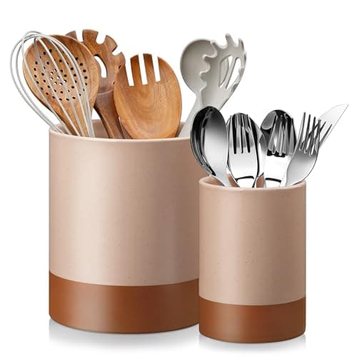 MALACASA Utensil Holder, 7.3"+5.5" Ceramic Kitchen Utensil Holder for Countertop, Large Cooking Utensil Crocks for Kitchen Counter, Farmhouse Utensils Organizer, Set of 2, Khaki Pink, Series TARA