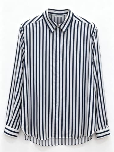 Women’s Long Sleeve Button Down Shirt, Classic Striped Blouse with Pearl Buttons, Casual & Dressy Tops for Women, Comfortable Polyester Blouse for Work & Everyday Wear (Navy)-XL - Thumbnail 2