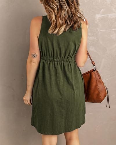 BTFBM Summer Dresses for Women 2026 Casual Spring Clothes Sleeveless Crewneck Beach Vacation Outfits Mini Flowy Sun Dress(Buttons Army Green, X-Large) - Thumbnail 4