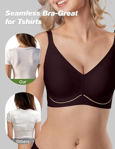 Tarbo Wireless Bras for Women No Underwire - Seamless Jelly Bra Everyday Comfort T-Shirt Bra Breathable Mesh V Neck Bra Light Support Invisible Fit Back Smoothing Adjustable Straps Coffee S - Thumbnail 4