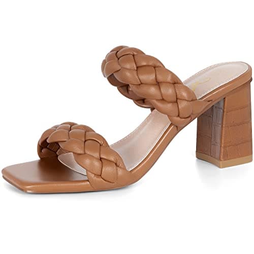 Athlefit Braided Heeled Sandals for Women Fashion Square Open Toe Comfortable Slip on Block Tan Heels Size 8.5 - Image 1