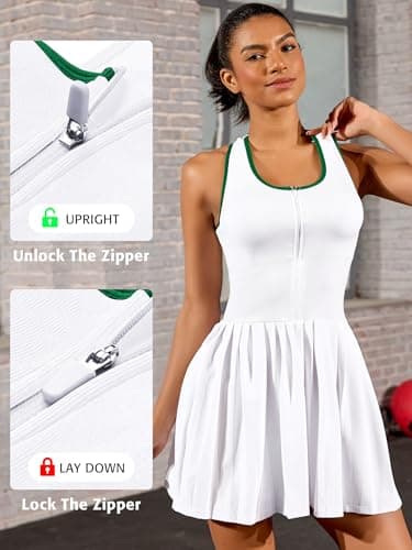 ATTRACO Tennis Dress for Women with Pockets Seamless Tennis Outfits Lockable Zip Golf Dress White XS - Thumbnail 6