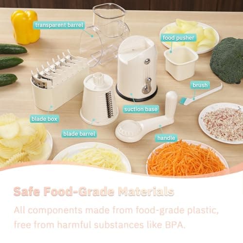 ENERGEVITY Manual Rotary Cheese Grater with Handle, 5 in 1 Replaceable Stainless Blades Cheese Shredder,Strong Suction Base Vegetable Slicer with Cleaning Brush & Bonus Storage Box for Blades (white) - Thumbnail 6