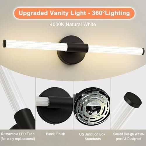 Gednbo Dimmable LED Bathroom Vanity Lights 360° Full Lighting Bathroom Light Fixtures Over Mirror Vanity Light Bar Modern Wall Sconce 4000K Natural White Light for Home Hardwired, Black, 23 inch - Thumbnail 5