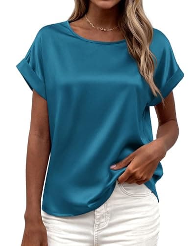 BTFBM Summer Tops for Women 2026 Dressy Satin Blouses Loose Crew Neck Short Sleeve Shirts Work Business Casual Outfits(Lake Blue, Large) - Image 1