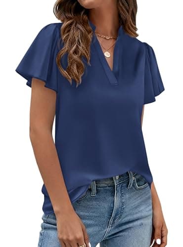 PRETTYGARDEN Women's 2026 Summer Satin Blouses Dressy Casual Ruffle Cap Sleeve V Neck Business Work Cute Tops Spring Outfits (Navy Blue,Small) - Thumbnail 4