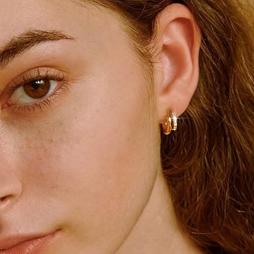 Small Gold Hoop Earrings for Women Dainty Gold Earrings| 14K Gold Plated Hypoallergenic Stud earrings Set| Cartilage Earrings for Multiple Piercing for Women (01-Gold-Moon) - Thumbnail 3