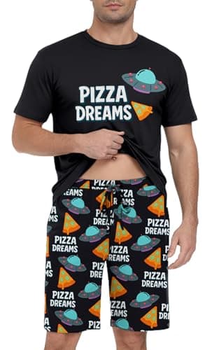 PrinStory Men's Pizza Dreams Pajama Set, Funny Pizza Graphic Tee and Printed Shorts, Novelty Sleepwear Loungewear Set for Home, Food Lover Gift, Navy S - Thumbnail 3