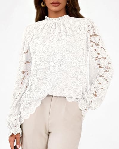 KIRUNDO Blouses for Women Dressy Casual Lace Long Sleeve Tops Mock Neck Ruffle Shirts 2026 Spring Fall Fashion Clothing(White, X-Large) - Thumbnail 4