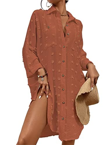 Bsubseach Women Swimsuit Coverup Blouse Button Down Shirt Dresses Swiss Dot Tops Brick Red - Image 1