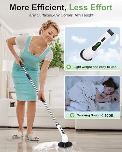 Electric Spin Scrubber, Cordless Power Cleaning Brush with 9 Replaceable Brush Heads, Bathroom Scrubber with Extension Arm, 2-Speed Motorized Tile Floor Scrubber for Tub, Sink, Wheel, White-ra1 - Thumbnail 5