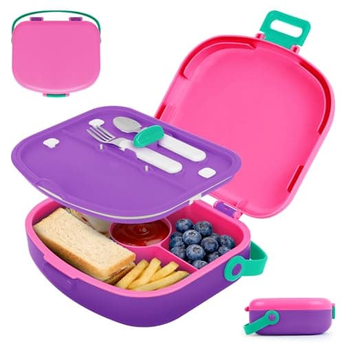 G.a HOMEFAVOR Lunch Box for Kids: 4-Compartment Bento Box with Stainless Steel Utensils, Soft-Grip Handle, Leakproof Food Container for School, 41 oz, Pink - Image 1