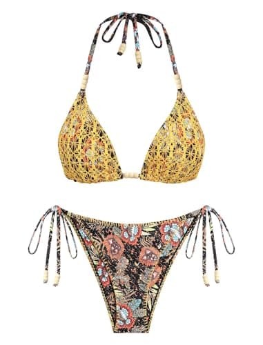 ZAFUL Yellow Floral Halter Bikini Thong Lace Bikini Sets for Women Cheeky Two Piece Bathing Suits Beads Brazilian High Cut Knit Swimsuit for Vacation Resort Wear L - Image 1