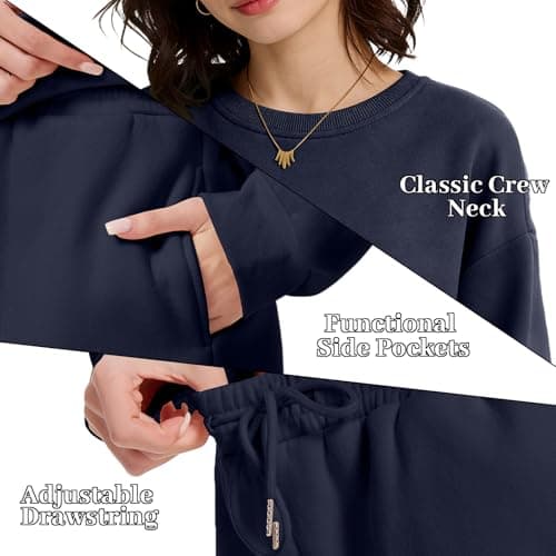 Anyshe Women's 2 Piece Fleece Lined Short Set - High Waisted Crew Neck Sweatshirt & Shorts, Soft Cozy Loungewear for Air Conditioned Rooms & All Season Wear, Navy, Large - Thumbnail 6