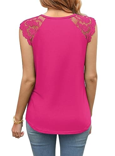 MIHOLL Women's Floral Lace Tank Tops Crew Neck T-Shirts Cap Sleeve Loose Fit Dressy Tunic Blouse(hot Pink,Small) - Thumbnail 2