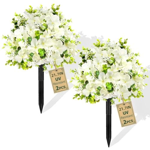 2 Pack Artificial Flowers Topiary Ball Tree, 21.7" Fake Plants with Ground Spike, UV-Resistant Faux Boxwood Shrub, Realistic Evergreen Bushes for Indoor/Outdoor Front Porch & Garden Decor (White)