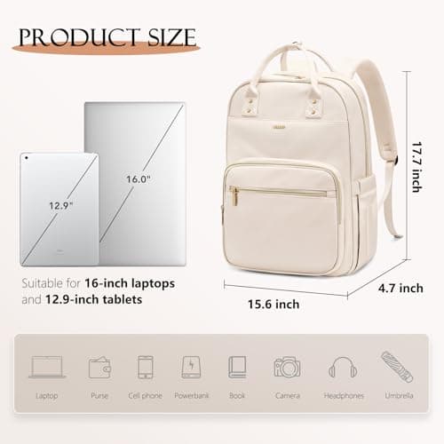 MDODO Laptop Backpack Women,16Inch Teacher Laptop Bag Backpack with Laptop Compartment Waterproof Carry on Daypack Backpack for Work,College,Travel,Trip,Nurse, Beige - Thumbnail 4