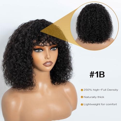 JOEDIR HAIR Fluffy Wig Human Hair Wigs for Black Women Wear and Go Afro Curly Bob Wig with Bangs 12 Inches Water Wave Glueless Wigs 250% Density (1B / Black) - Thumbnail 5
