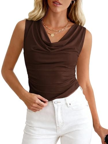 BTFBM Cowl Neck Tops for Women 2026 Sleeveless Going Out Business Casual Tank Top Spring Summer Outfits Fashion Clothing(Brown, Small) - Image 1