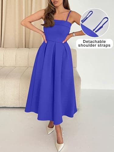 Caracilia Women’s Strapless Semi Formal Midi Dress Summer Tube Top Pleated Flowy Spring Wedding Guest Cocktail Party Dress Royal Blue Small - Thumbnail 4