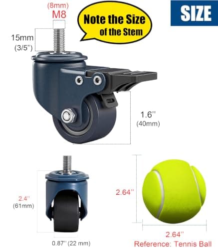 TESUMI M8-1.25 Threaded Stem 1.6 Inch Caster Wheels, 8mm Threaded Stud Casters Set of 4 Heavy Duty 450LBS Load, Locking Brake Swivel Small Castor Wheels for Furniture Carts Wire Shelving Workbench - Thumbnail 3