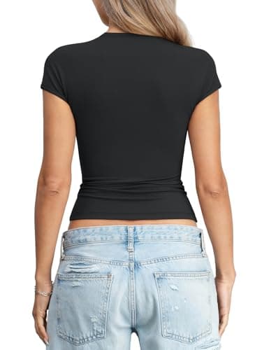 Eachyes Womens Square Neck Short Sleeve Shirts Cap Sleeve Low Cut Tops Sexy Slim Fit Basic Tee Y2k Going Out Cute Summer Crop Outfits 2026 Black Small - Thumbnail 6