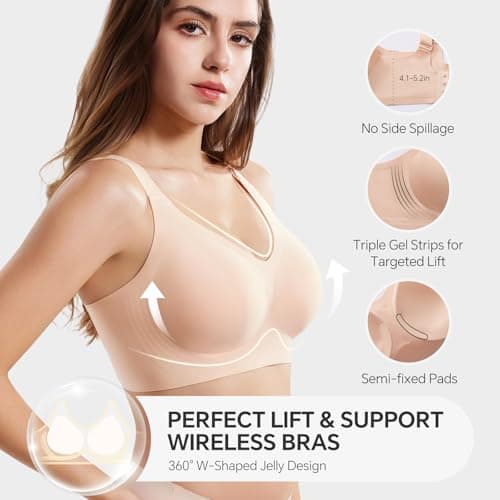 UIMERO Wireless Bras for Women No Underwire Supportive Jelly Bras Comfort Full Coverage Everyday Seamless T-Shirt Sports Bras Nude - Thumbnail 2