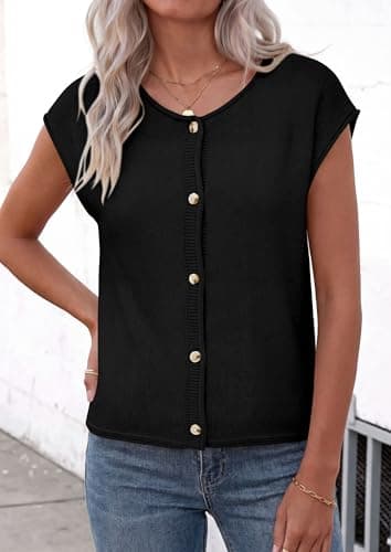 PRETTYGARDEN Sweater Vest Women 2026 Summer Spring Cap Short Sleeve Cardigan Lightweight Button Down Trendy Loose Tops (Black,Small) - Thumbnail 4
