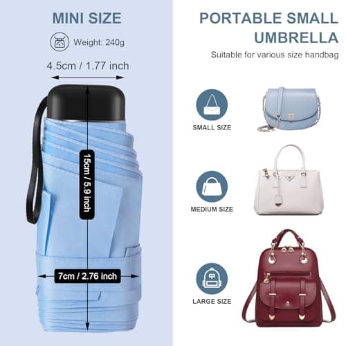 LEAGERA Compact Travel Umbrella with Case - Mini Umbrella for Purse, Small Lightweight &Tiny Design Perfect for Parasol Outdoor Sun&Rain Umbrellas, Light Blue - Thumbnail 5