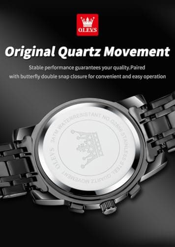 OLEVS Watch Men Blue Dial Black Stainless Steel Luxury Chronograph Dress Analog Quartz Wrist Watches for Men Waterproof Moon Phase Fashion Luminous Nice Mens Watches Relojes para Hombres - Thumbnail 6
