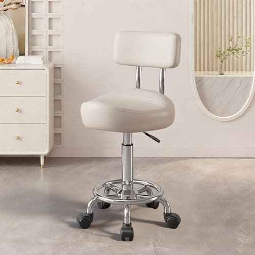 Walktory Vanity Chair with Back Small Armless Office Chair with Wheels and Footrest, PU Leather Adjustable Height Swivel Chair for Bedroom, Home Office White - Image 1
