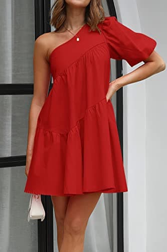 KIRUNDO Summer One Shoulder Mini Baby Doll Dresses Women 2026 Casual Puff Sleeve Loose Tiered A Line Flowy Short Dress(Red, XX-Large) - Thumbnail 3