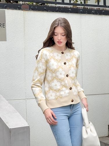 Saodimallsu Womens White Floral Cardigan Sweaters Cute Long Sleeve Open Front Button Down Knit Sweater Retro Coats 2025 - Thumbnail 3