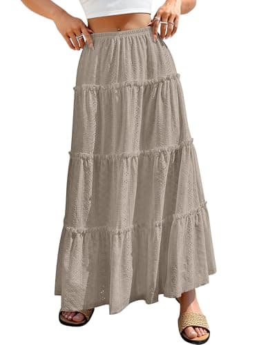ANRABESS Womens Maxi Skirt 2026 Summer Beach Vacation Eyelet Boho Long Flowy Skirts Spring Trendy Swing Tiered A-Line Dress Khaki Small - Image 1