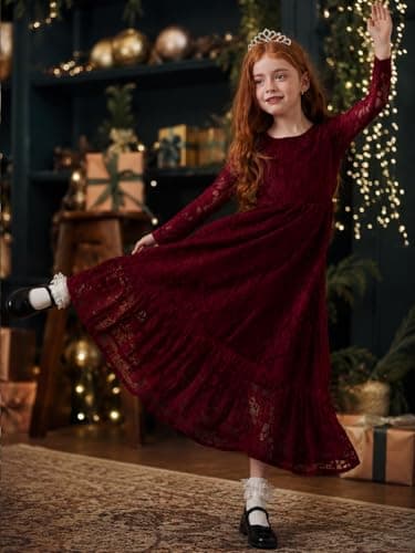 ALLOVIN Toddler & Girls Long Sleeve Lace Flower Girl Dress Maxi Boho A-Line Dress for Wedding Baptism 1st Communion | Burgundy | 6-7Y - Thumbnail 5